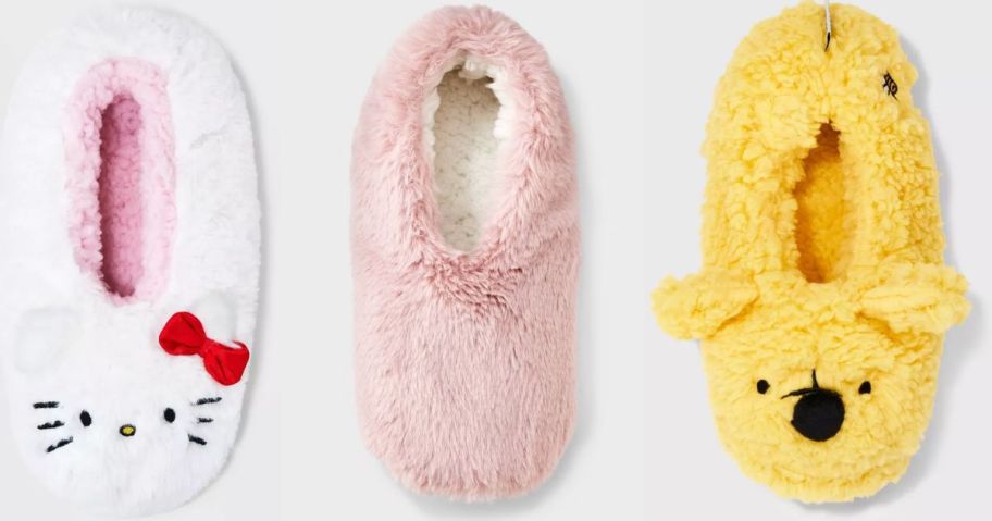 Stock images of Hello Kitty, Pink Plush and Winie the Pooh Slipper Socks from Target