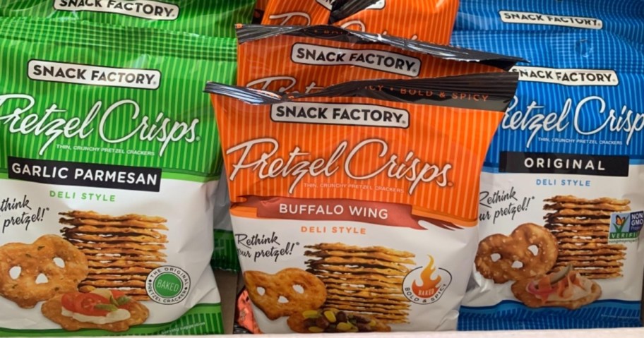individual bags of snack factory pretzel crisps in garlic parmesan, buffalo wing, and original flavors