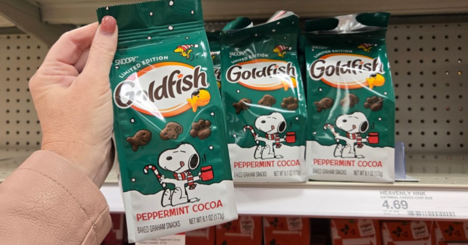 bag of Snoopy Peppermint Cocoa Goldfish in hand