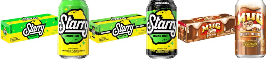 12-packs of Starry and Mug Root Beer sodas
