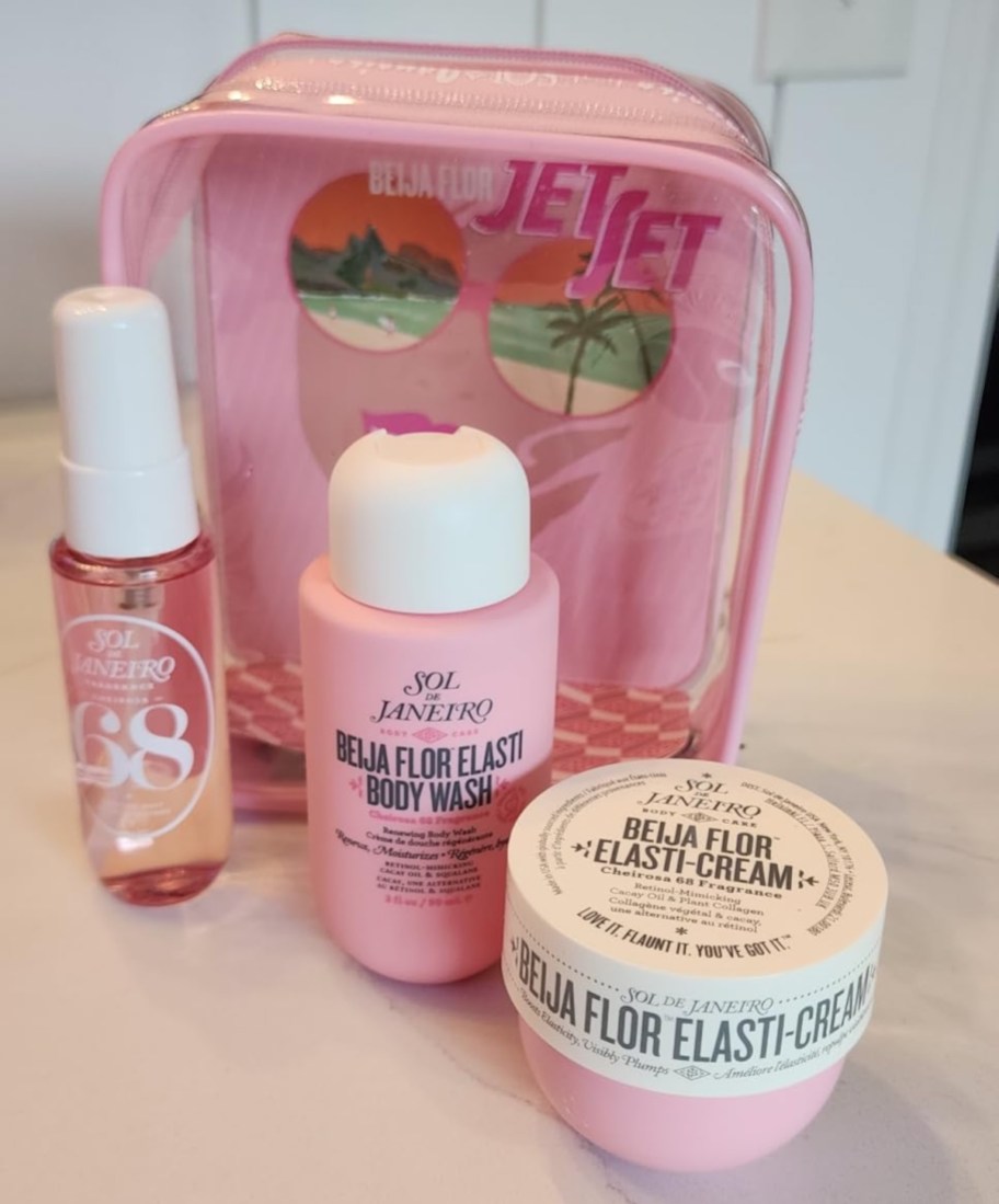 Pink Sol de Janeiro travel set on countertop