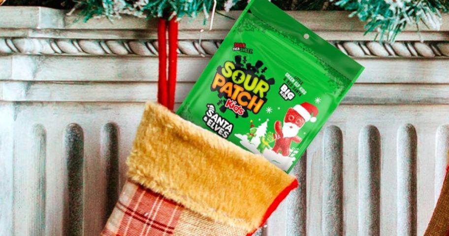 A stocking with holiday sour patch kids in it