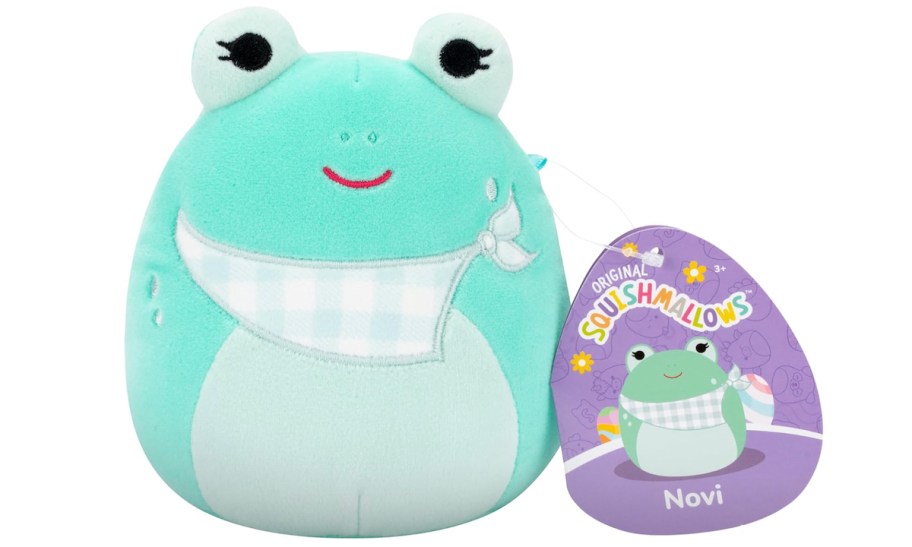 blue frog squishmallow on white background