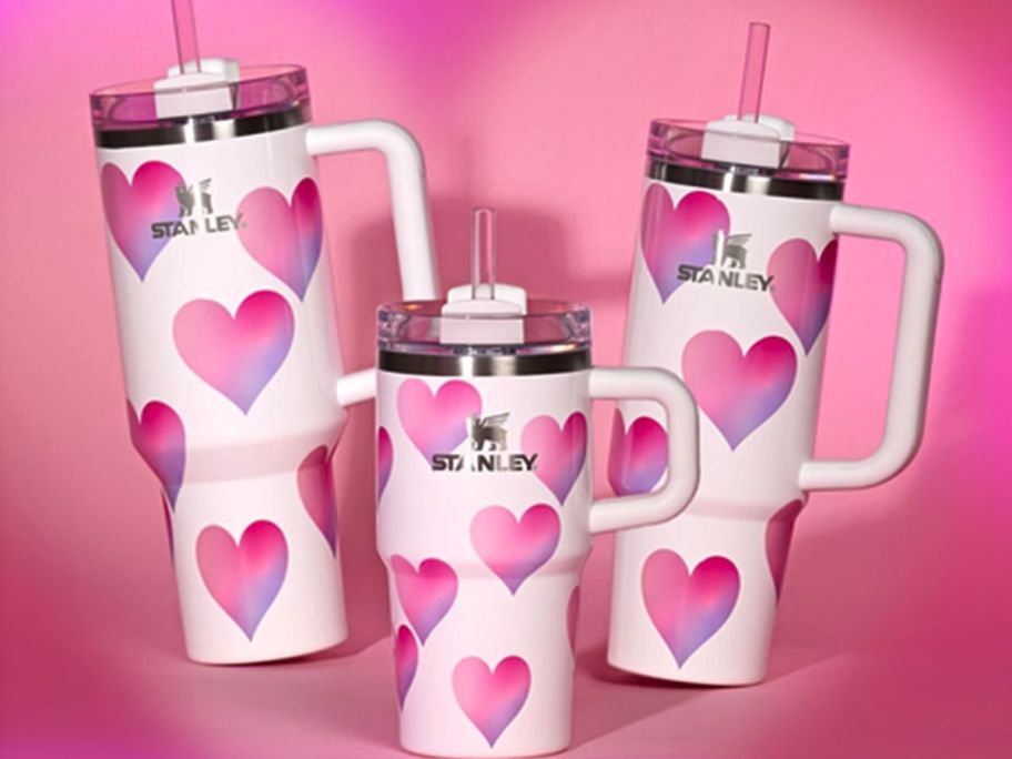 Stanley Tumblers with hearts on them in 3 sizes