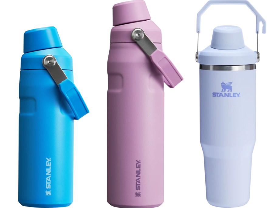 three purple and blue stanley bottles