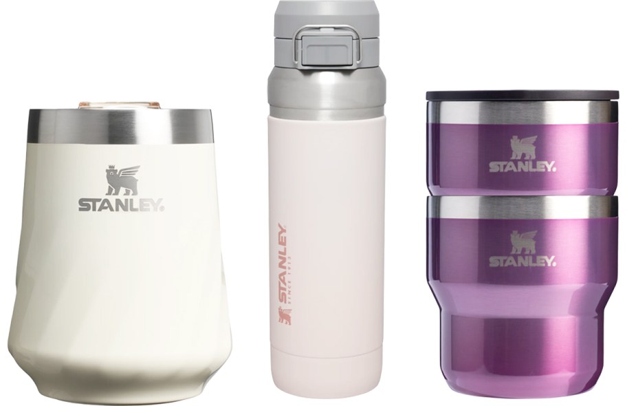 white wine tumbler, pink bottle, and purple stacking cups