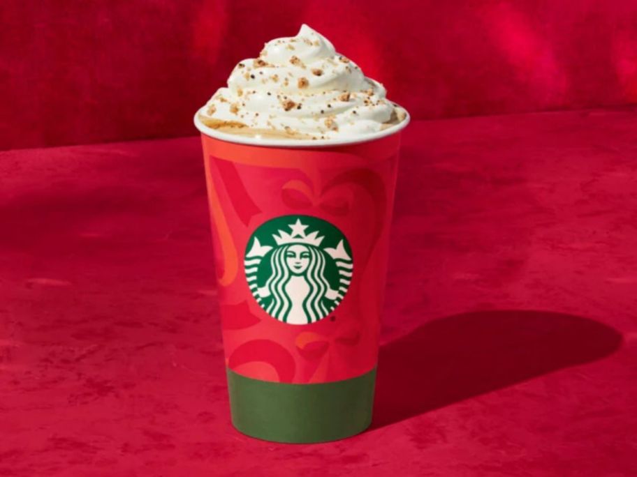 A cup with a Starbucks Chestnut Praline Latte