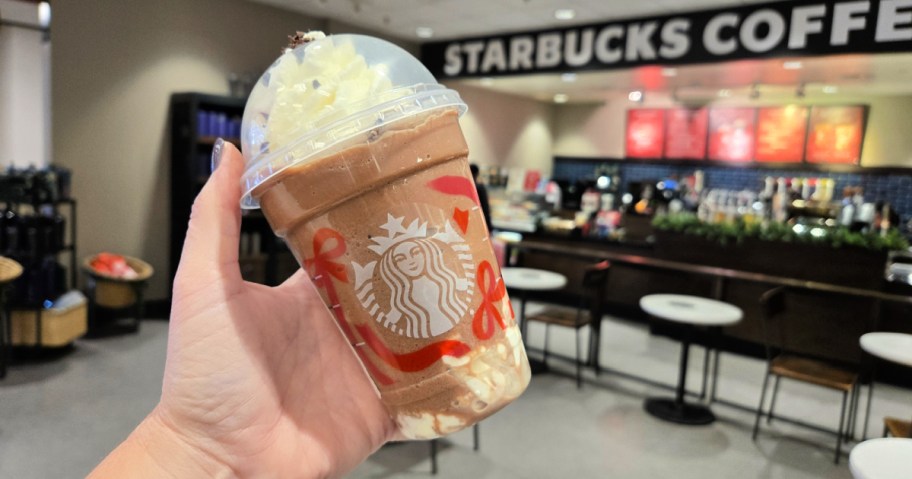 Starbucks frozen hot chocolate in hand