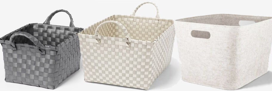 three grey and white storage baskets