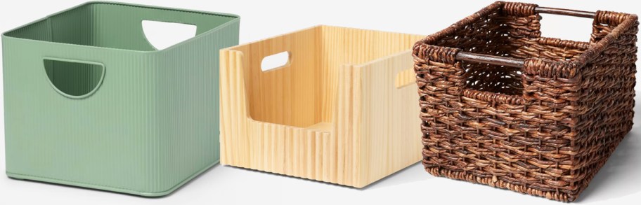 green, wood, and tan storage baskets