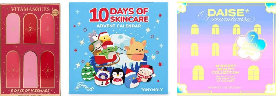 Stock images of Target Beauty Advent Calendars for Vitamasque Lip Balms, Squishmallow Bath & Body and Daise Bath & Body