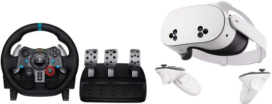 A Logitech Racing Wheel and Pedals for Gaming an a Meta Quest VR headset and controllers