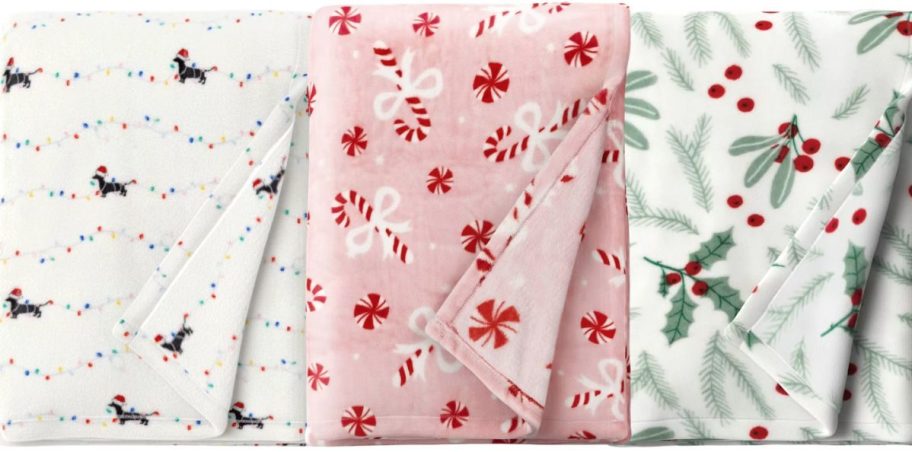 Three stock images of Target Christmas blankets in three different designs