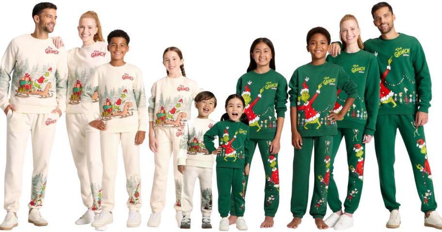 10 people all standing next to one another wearing matching cream-colored or green-colored Grinch themed sweatsuits