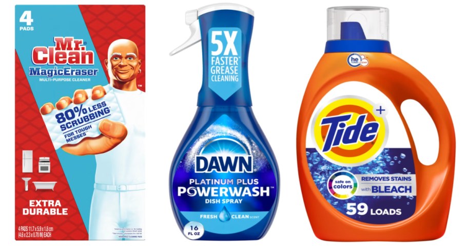 magic eraser, dish spray and laundry detergent