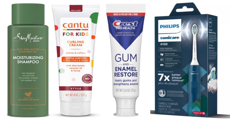 shampoo, curl cream, toothpaste and toothbrush