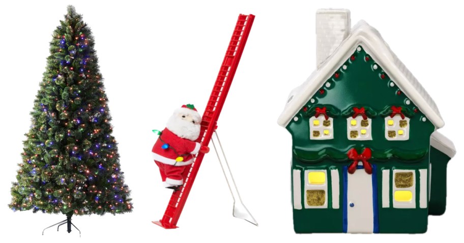 christmas tree, santa on ladder decor and christmas figurine house
