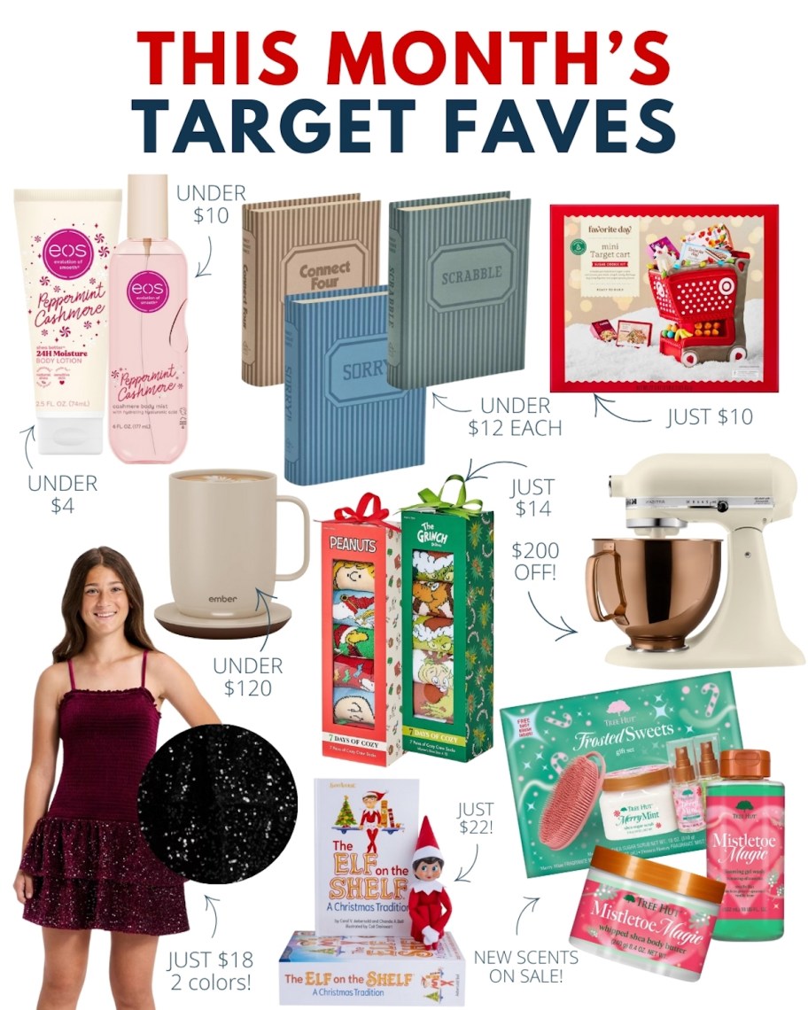 this month's target faves collage with random on sale products