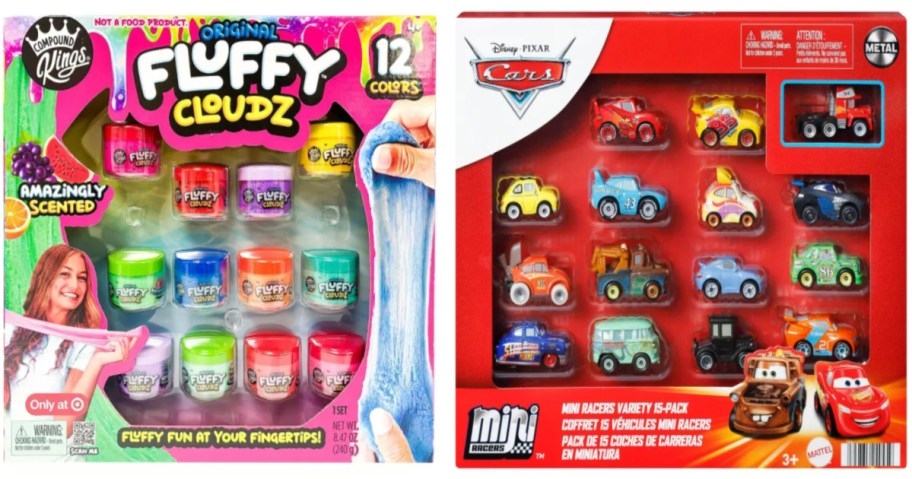 slime toy set and mini car figurines