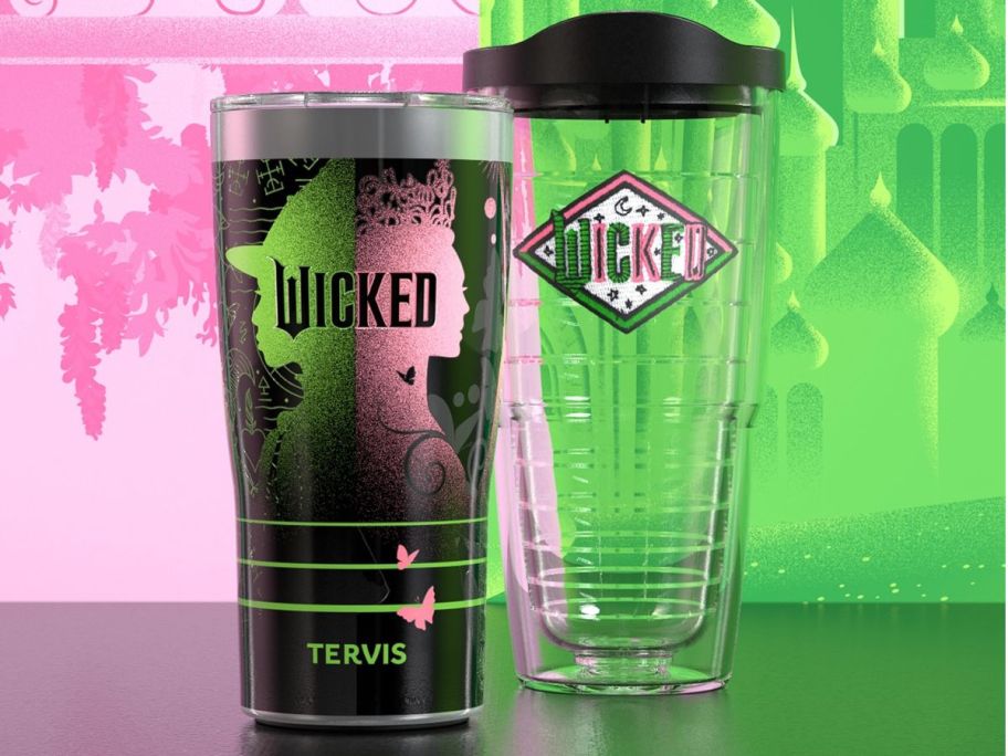 A Tervis Stainless Steel and Classic Plastic Tumbler with Wicked Designs on them
