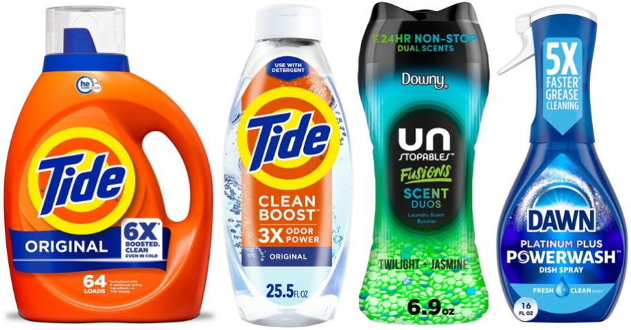 Tide Liquid Laundry Detergent, Tide Clean Boost Fabric Rinse, Downy Unstable Fusion InWash Scent Booster Beads, Dawn Platinum Plus Powerwash Dish Spray