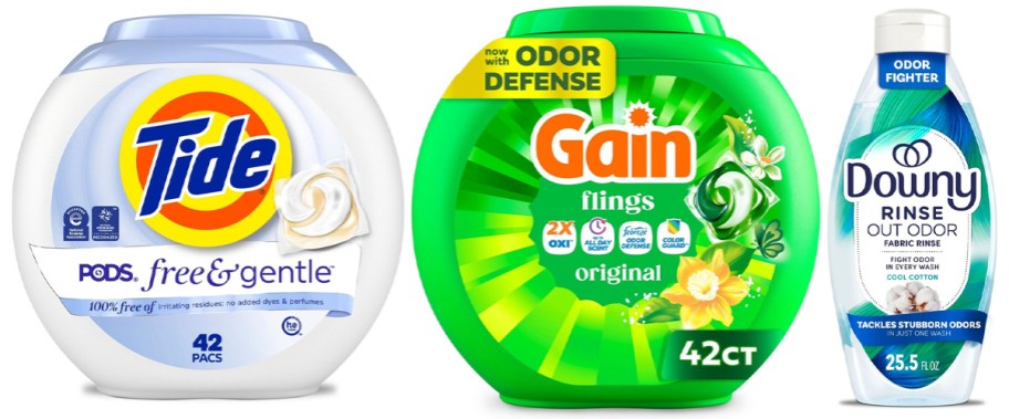 Tide Pods Free & Gentle, Gain Fling Laundry Detergent Pack, Downey Rinse Out Odor Fabric Rinse
