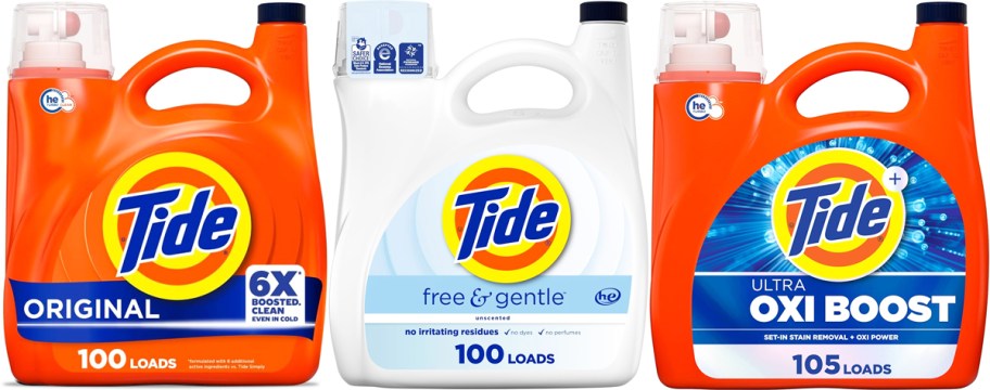 three large bottles of tide detergents