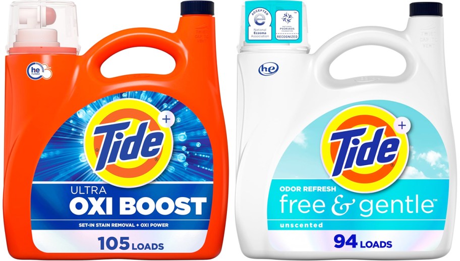 two large bottles of tide detergents