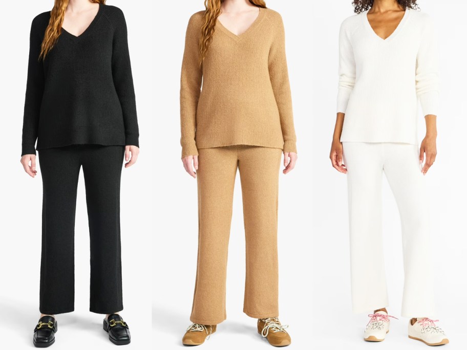 three women in black, tan, and white lounge sets