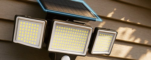 black solar flood light mounted to side of house