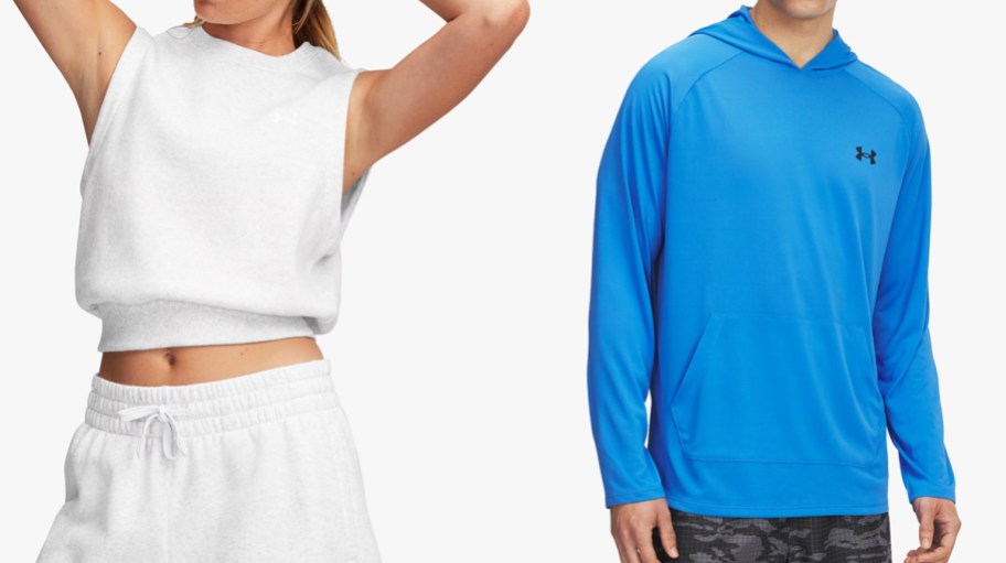 woman in white sleeveless sweatshirt and man in blue hoodie