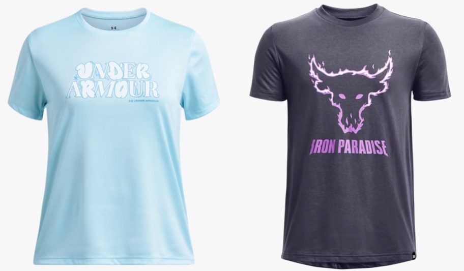 blue and grey under armour graphic tees