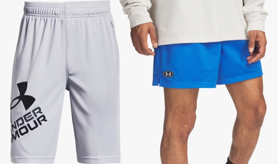 grey shorts and man in blue shorts