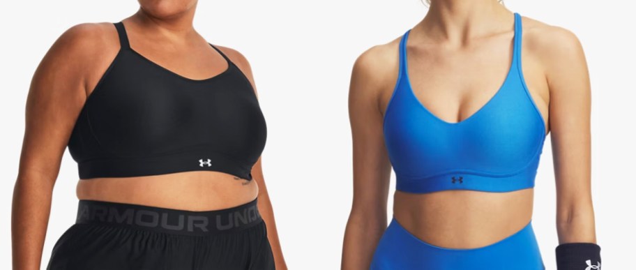 women in black and blue sports bras