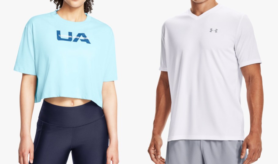 woman and man in blue and white shirts