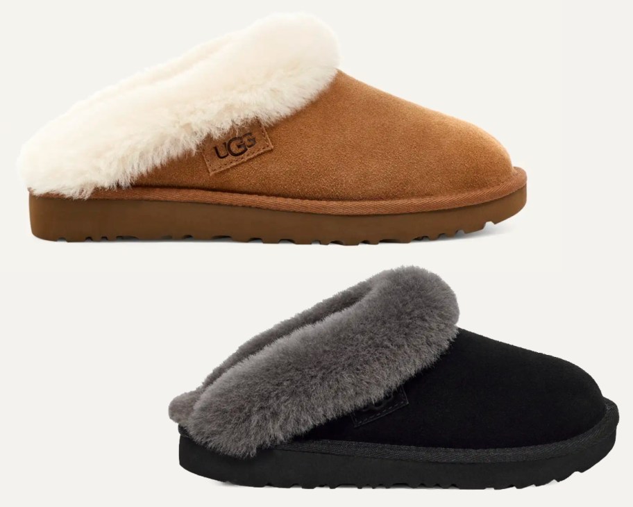 tan slippers and black and grey fur lining slippers