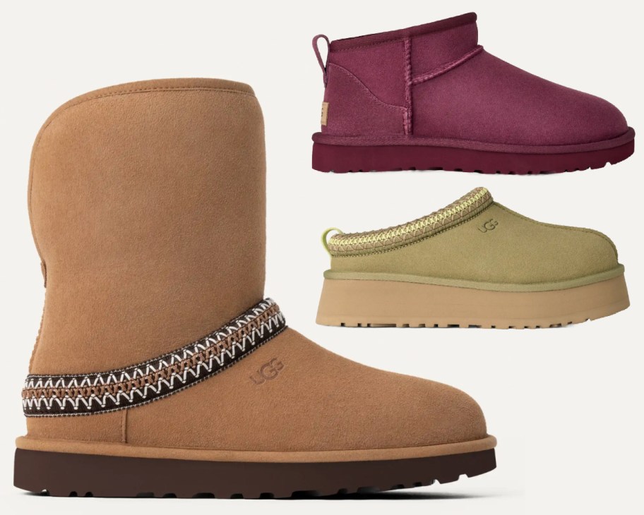 tall tan boot and maroon and sage short boots