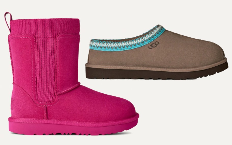 tall pink boots and tan short boots with teal lining