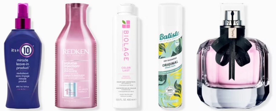 its a 10, redken, biolage, and batiste hair products next to a perfume bottle