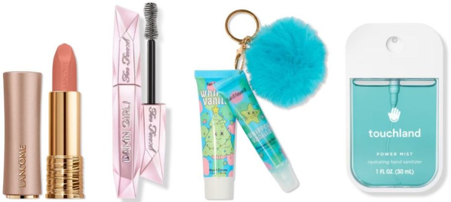 Stock images of a Lancome Lipstick, a Too Faced Mascara, a Sweet & Shimmer Lip Balm, and Touchland