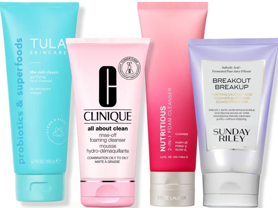 Stock images of facial cleansers by Tula, Clinique, Estee Lauder and Sunday Riley
