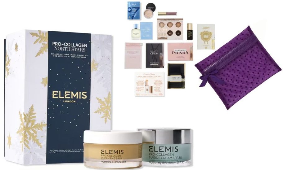 Stock images of an Elemis Gift Set and an Ulta Beauty 12-piece gift with purchase