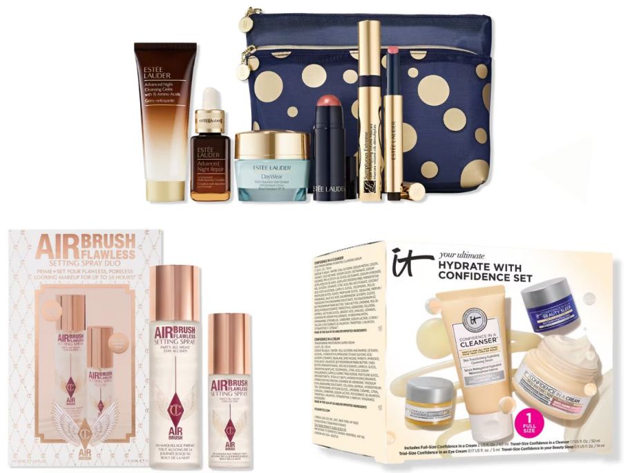 Stock images of beauty gift sets by Charlotte Tillbury, It Cosmetics, and Estee Lauder