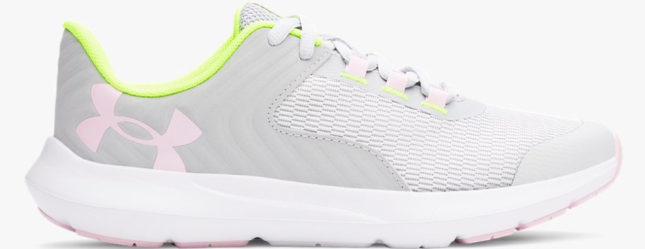 light grey, bright green, and light pink running shoe