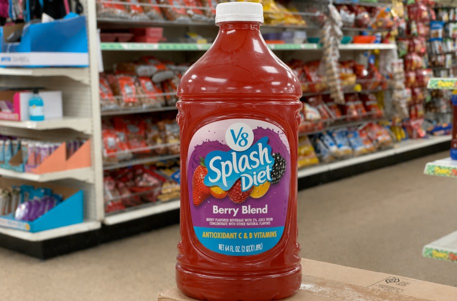 bottle of V8 Splash Diet Berry Blend on a box in store