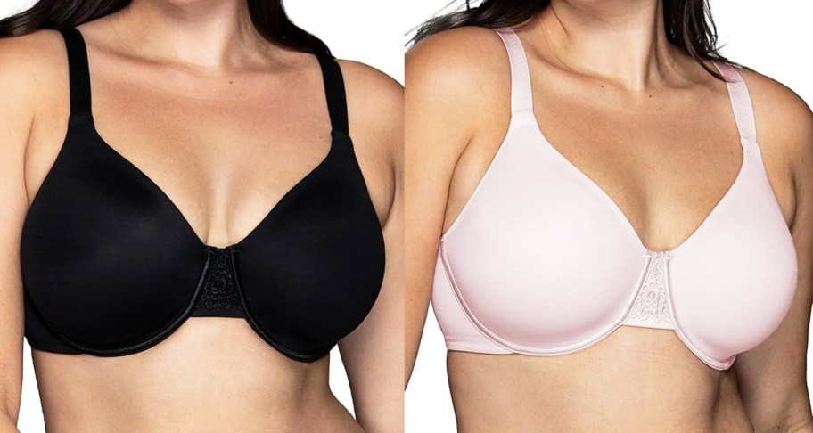 two women in black and light pink bras