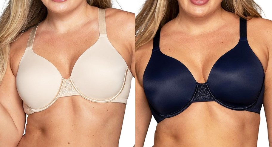 two women in beige and navy blue bras