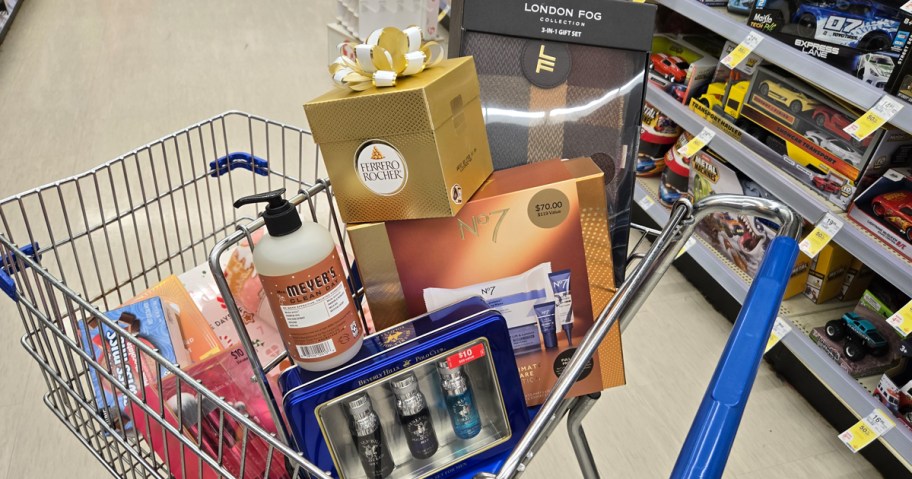 holiday gift sets piled into a shopping cart