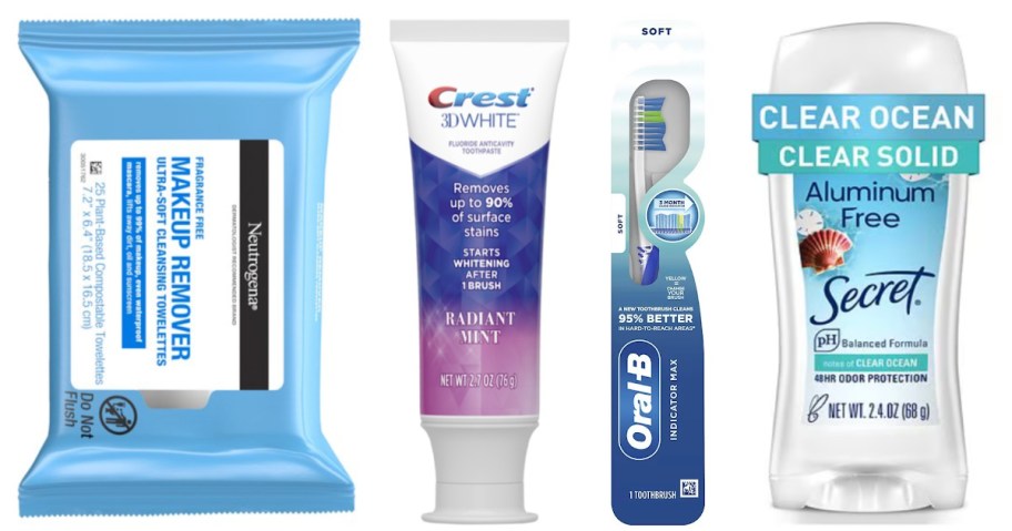 makeup towelettes, toothpaste, toothbrush and deodorant