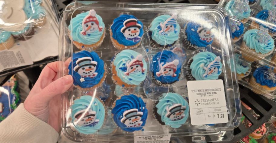 blue and white Snowmen Cupcakes